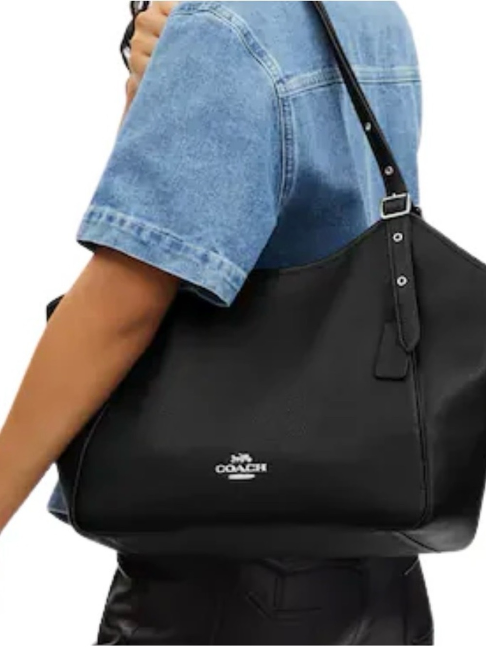 COACH Meadow Shoulder Bag Black Refined Pebble Leather Tote Silver HW CM074 - Picture 2 of 15